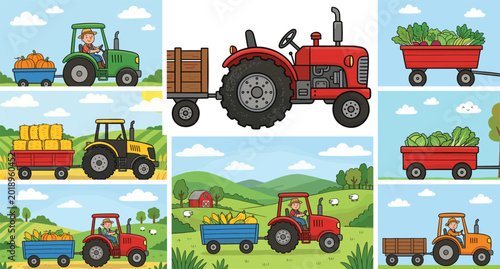 Tableau sur toile Colorful Farm Tractors with Wooden Trailers Carrying Harvest Crops and Produce i