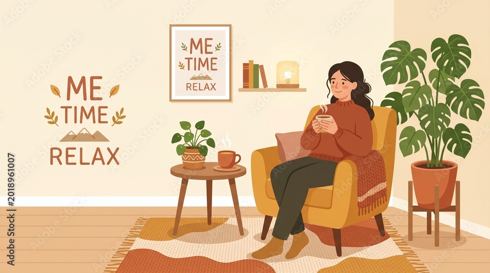 Fototapeta premium Cozy Relaxation Corner with Chair and Plant for Self Care Concept Vector