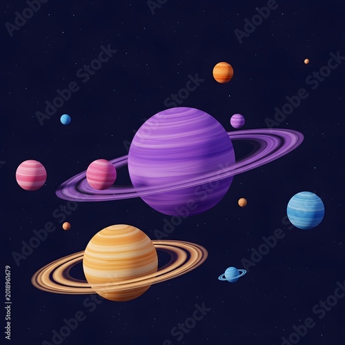 Planets and moons of the solar system in space illustration