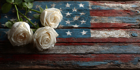 For Memorial Day, 4th of July, Flag Day, Veteran's Day, or Independence Day, a vintage American flag with white roses on a wood background is appropriate.