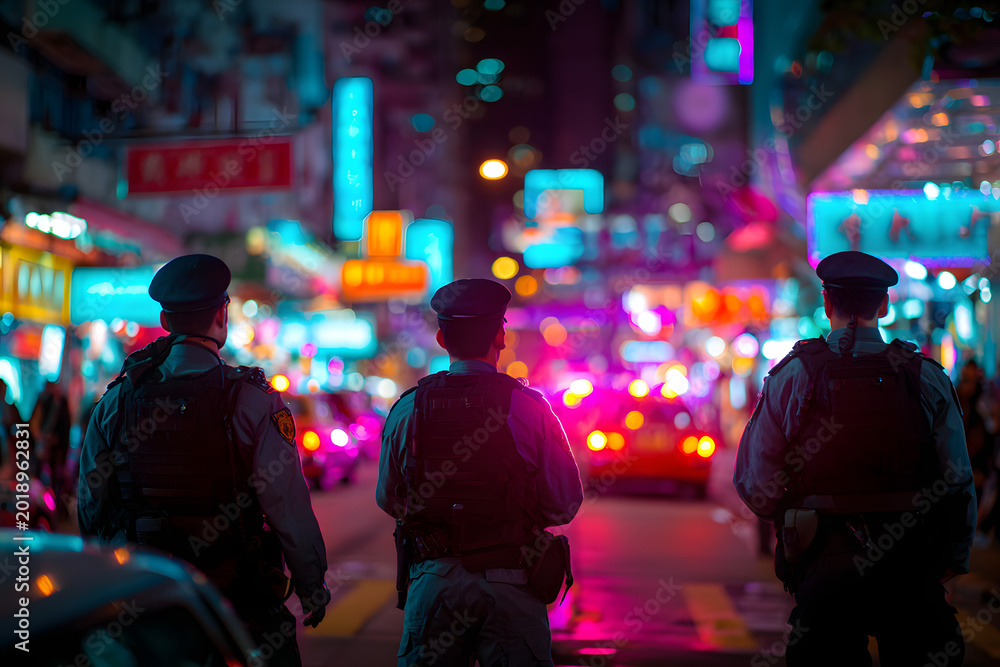 Fototapeta premium A busy street is illuminated by vibrant neon city lights, and three police officers stand vigilantly.