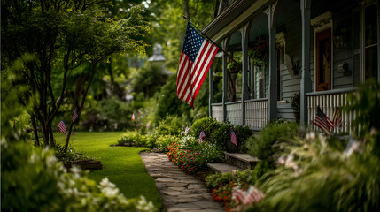 A close-up of a residential front yard that is bright and decorated with a memorial day flag display, with a large flag mounted on a porch bracket and small flags lining the walkway of the house.