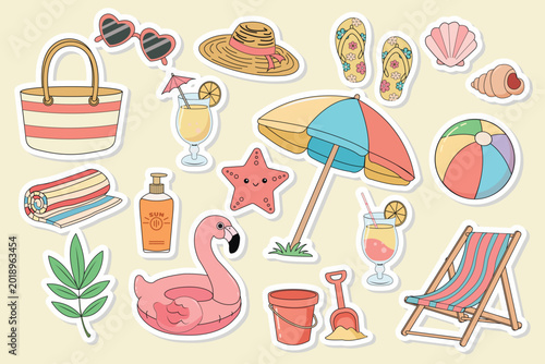 A sticker set featuring beach accessories: a straw hat, bag, sunglasses, flip-flops, cocktails, beach umbrella, beach ball, towel, sunscreen, shells, starfish, inflatable flamingo, bucket and shovel, 