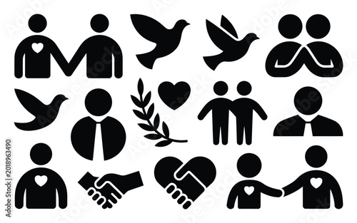 Billede på lærred Flat icon set featuring people hearts doves and hands in black on white backgrou