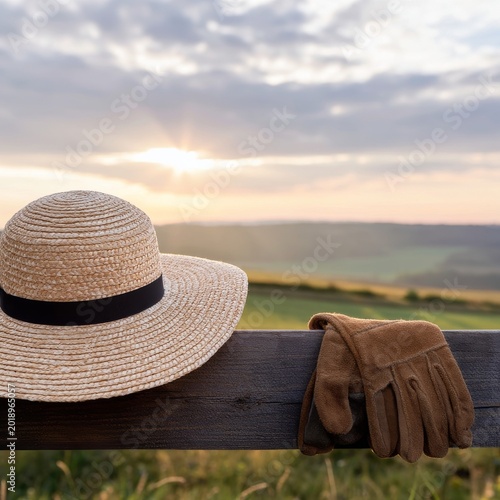 Sunset View With a Straw Hat and Leather Gloves Resting on a Wooden Fence