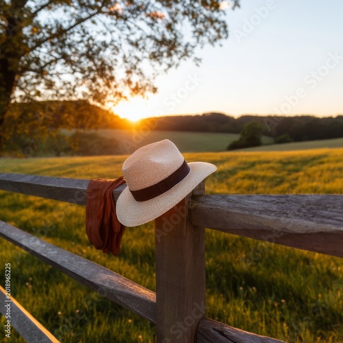 Sunset Over a Green Field With a Straw Hat Resting on a Wooden Fence