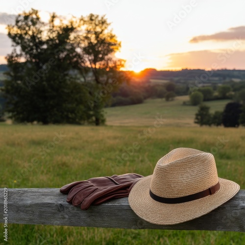 Sunset Over a Field With Gloves and a Straw Hat on a Wooden Fence