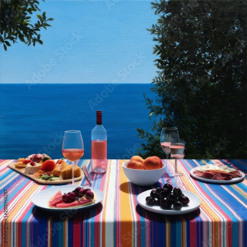 Lunchtime by the Ocean With Fruit, Wine, and Snacks on a Warm Sunny Day