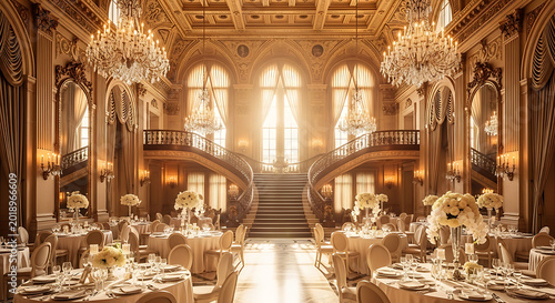 Opulent grand ballroom with gilded walls crystal chandeliers elegant tables set for a luxurious formal event bathed in golden light ballroom chandeliers reception architecture interior classical
