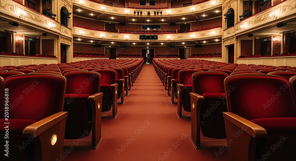 Fototapeta premium Elegant empty theater auditorium with red velvet seats and warm lighting, offering ample copy space for events.