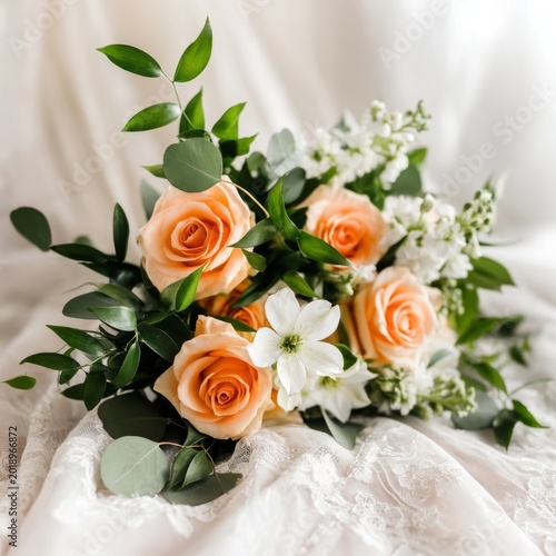 Fresh Bouquet of Orange Roses and White Blooms on Light Fabric Background in ...