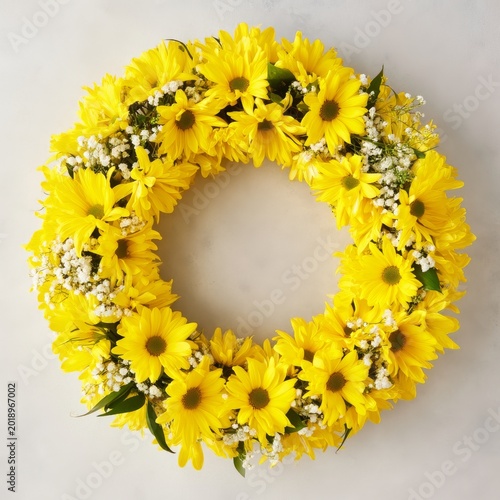 Bright Yellow Flowers Arranged in a Bouquet With White Accents on a Light Sur...
