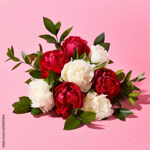 Flowers Arranged With Red and White Peonies on a Pink Background for a Season...