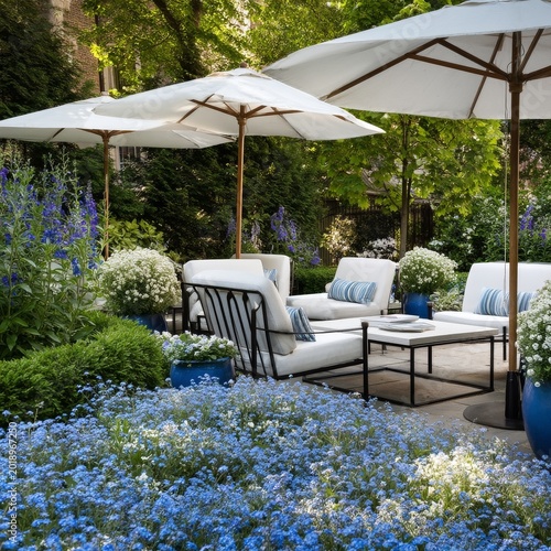 Outdoor Seating Area With White Furniture and Blue Flowers in a Garden Setting
