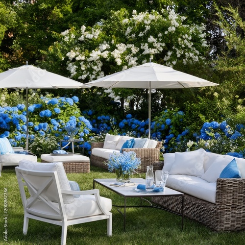 Outdoor Seating Area Surrounded by Blue Flowers and Green Plants With Umbrell...