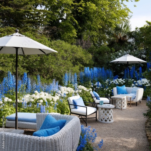Outdoor Seating Area Surrounded by Blue Flowers and Green Plants With Umbrell...