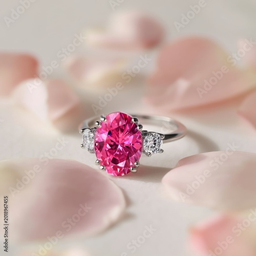 Engagement Ring With Pink Gemstone Placed on White Surface Surrounded by Rose...