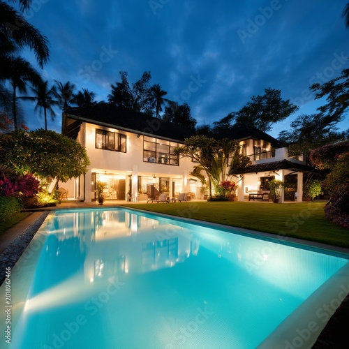 Bright Pool at a Modern Villa Under a Purple Sky in the Evening