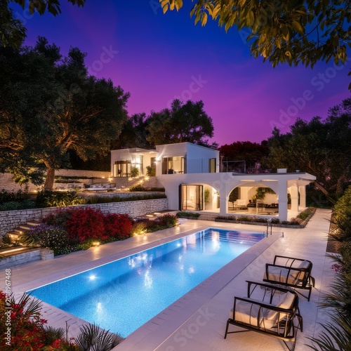 Bright Pool at a Modern Villa Under a Purple Sky in the Evening