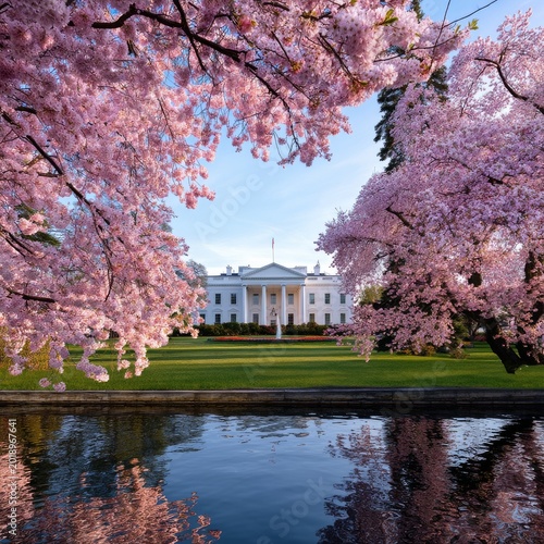 Cherry Blossoms Bloom Near the White House in Washington DC During Springtime...