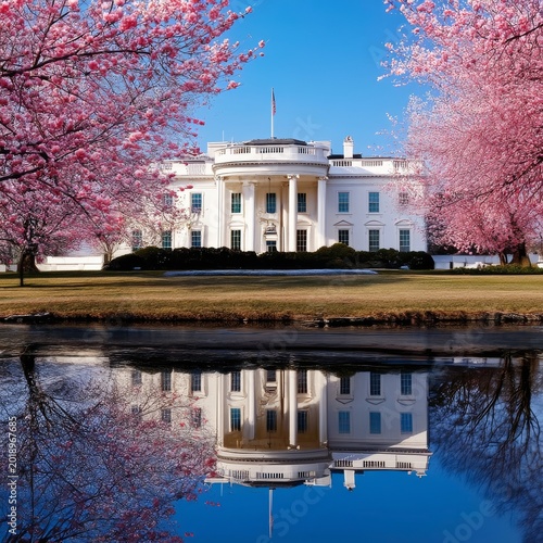 Cherry Blossoms Bloom Near the White House in Washington DC During Springtime...