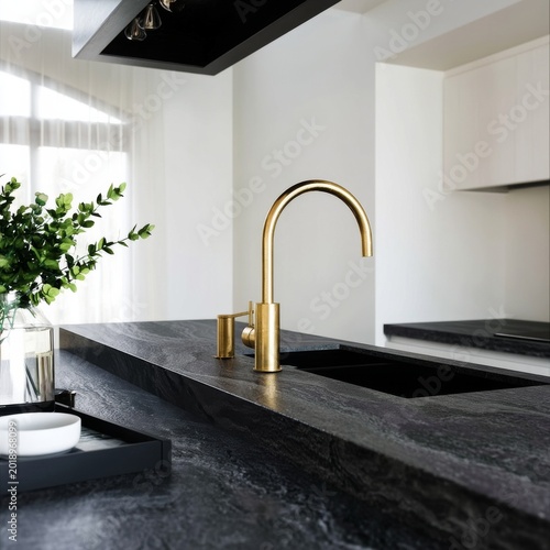 Modern Kitchen Faucet and Dark Countertop in a Bright Space With Plants and T...