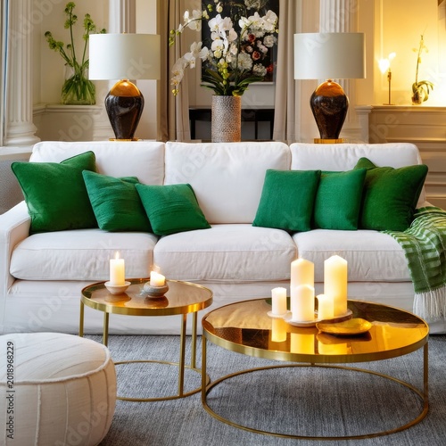 Cozy Living Room With Green Cushions and Warm Lighting in a Stylish Setting