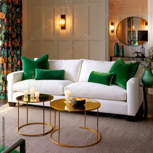 Cozy Living Room With Green Cushions and Warm Lighting in a Stylish Setting