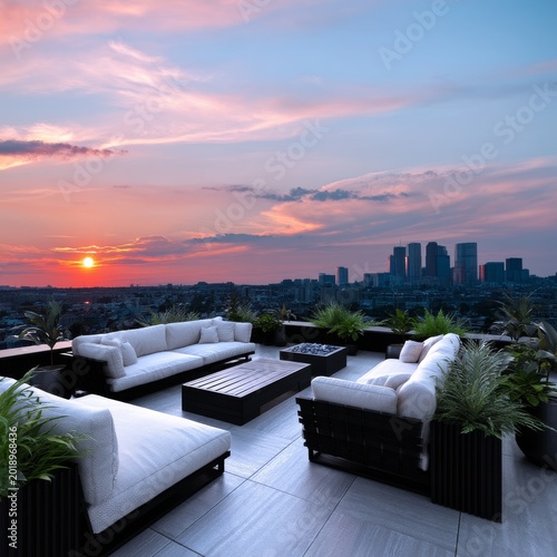 City Skyline View From a Rooftop Terrace During Sunset With Seating Area and ...