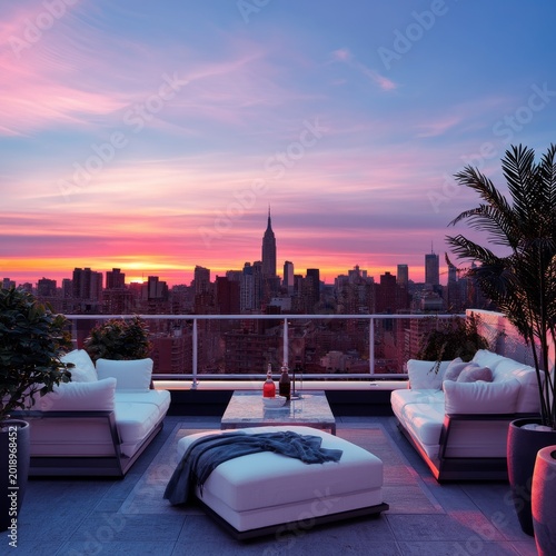 City Skyline View From a Rooftop Terrace During Sunset With Seating Area and ...