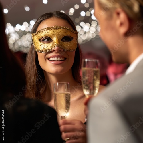 Masked Woman Shares Drinks With Friends at a Party During a Night Celebration
