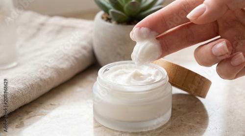 Tableau sur toile Close-up of a female finger scooping white moisturizing cream from a glass jar