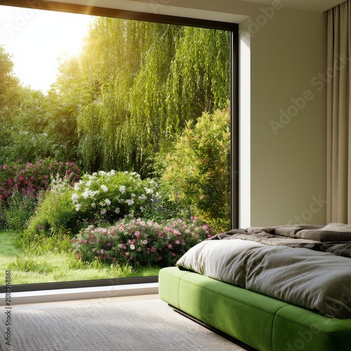 Morning Light Shines Through a Large Window Onto a Simple Bedroom With Garden...