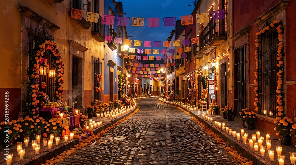 Naklejka premium Street decorated with candles and flowers for day of the dead celebration at night diadelos muertos papel picado latin america