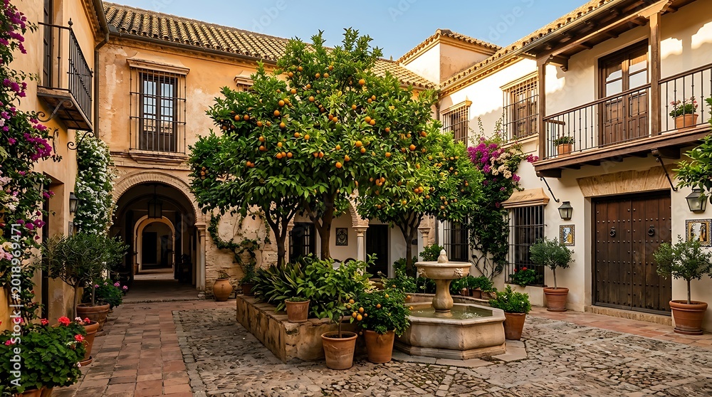 Fototapeta premium Spanish courtyard featuring a central fountain lush greenery potted orange trees orange tree courtyards of cordoba
