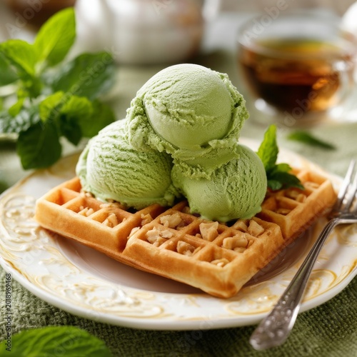Delicious Waffle Topped With Green Ice Cream on a Plate With Mint Leaves