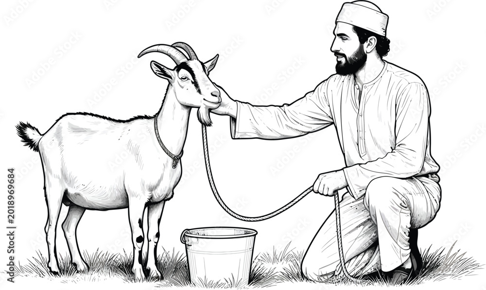 Fototapeta premium Man Milking Goat in Field