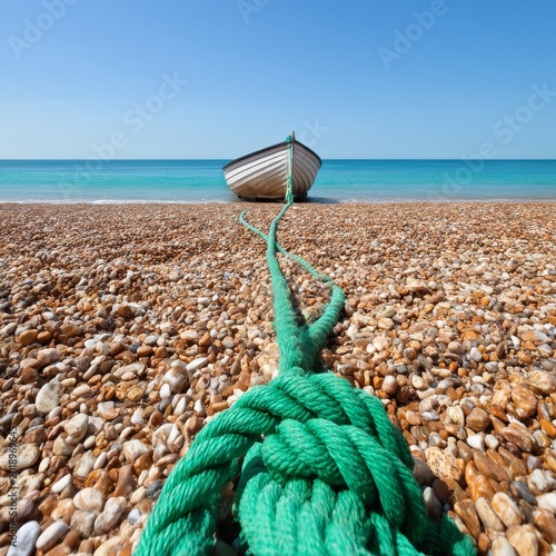 Boat Sits on Pebbled Shore With Green Rope Leading to Water Under Clear Sky