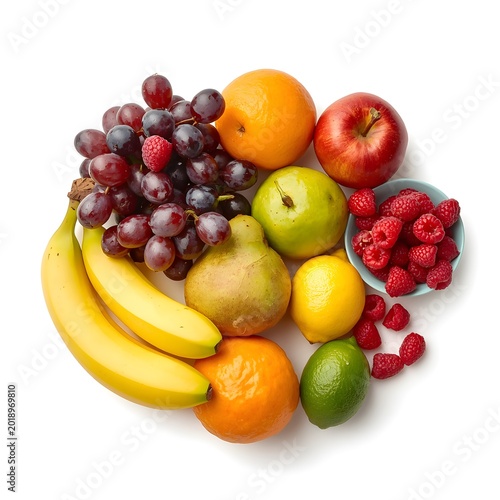Top View of a Variety of Fresh Fruits and Berries Isolated on White Background
