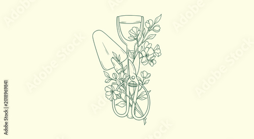 Foto Gardening tools line art with flowers including spade trowel and pruning shears