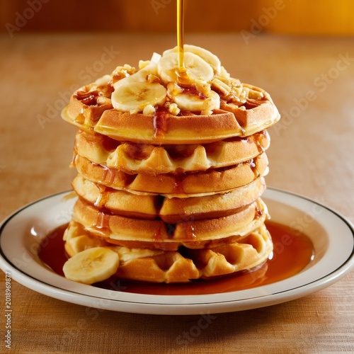Stack of Waffles Topped With Banana Slices and Syrup Served on a Plate at Bre...