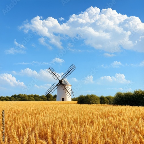 Windmill Stands in Wheat Field Under Blue Sky With Clouds During Daytime