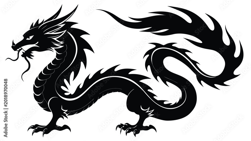 Fototapeta premium Majestic asian dragon black silhouette with long curly body and sharp horns vector.