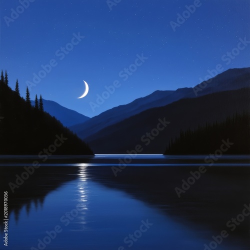 Moonlight Shines Over a Mountain Lake at Night With Clear Skies and Visible S...