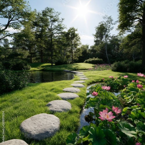 Sun Shining Over a Garden Path With Stones and Flowers Near a Pond in a Sunny...