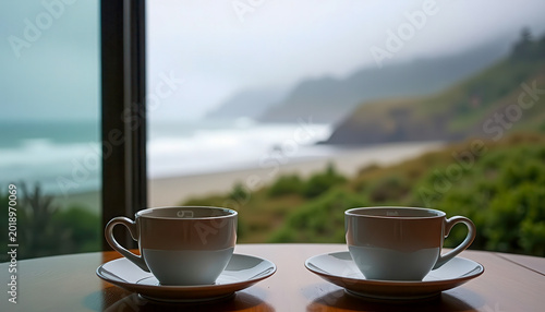 Two white cups of coffee on a wooden table by a large window overlooking a misty coastal landscape, morning routine, cozy relaxation, travel getaway.