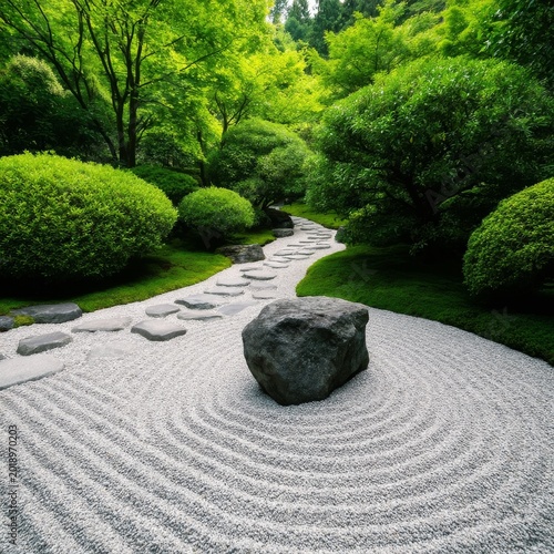 Garden With a Winding Path and Smooth Rocks Surrounded by Greenery in Calm We...