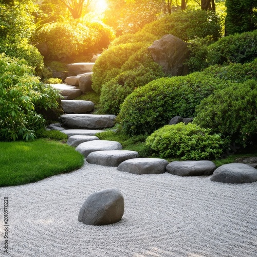 Pathway Through a Garden With Rocks and Greenery in Bright Sunlight During th...