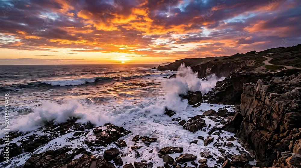 Fototapeta premium Dramatic sunset over rugged rocky coastline with crashing ocean waves.