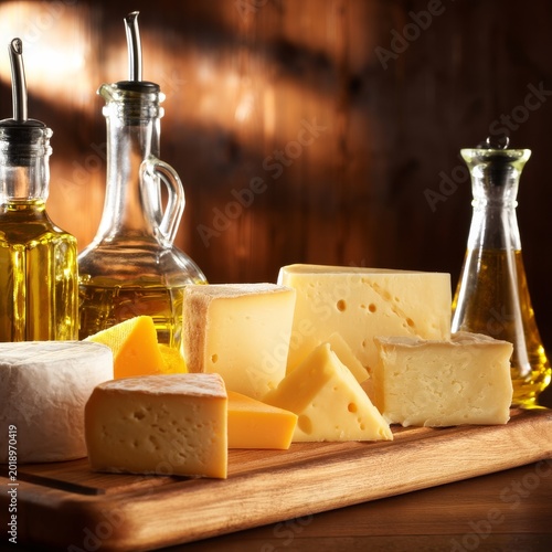 Various Types of Cheese on a Wooden Board With Oil Bottles in the Background ...